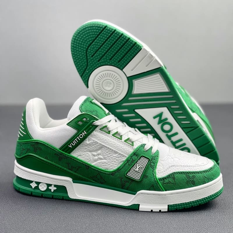 Tênis Louis Vuitton Trainer Green Monogram Denim White