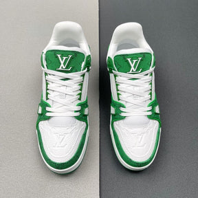 Tênis Louis Vuitton Trainer Green Monogram Denim White